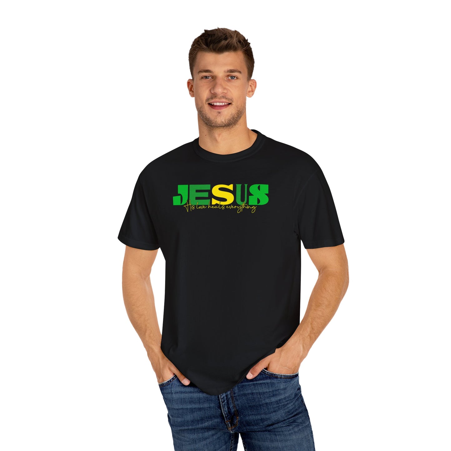 Unisex Garment-Dyed T-Shirt | Vibrant JESUS Design for Faith-Focused Fashion